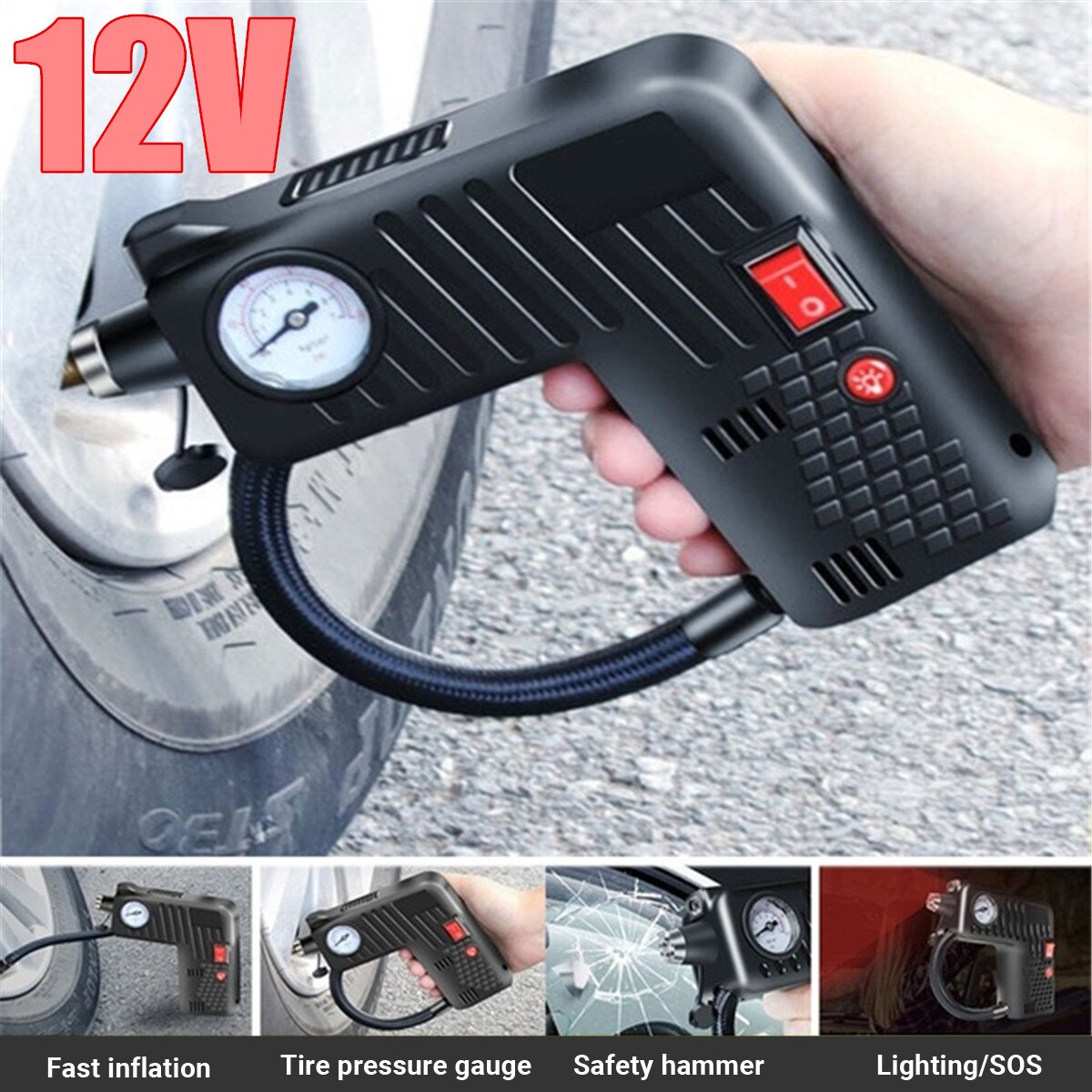 Draagbare 12V Auto Air Compressor Tire Inflator Handheld Elektrische Power Auto Luchtpomp Met Manometer Flash Light Veiligheid hamer