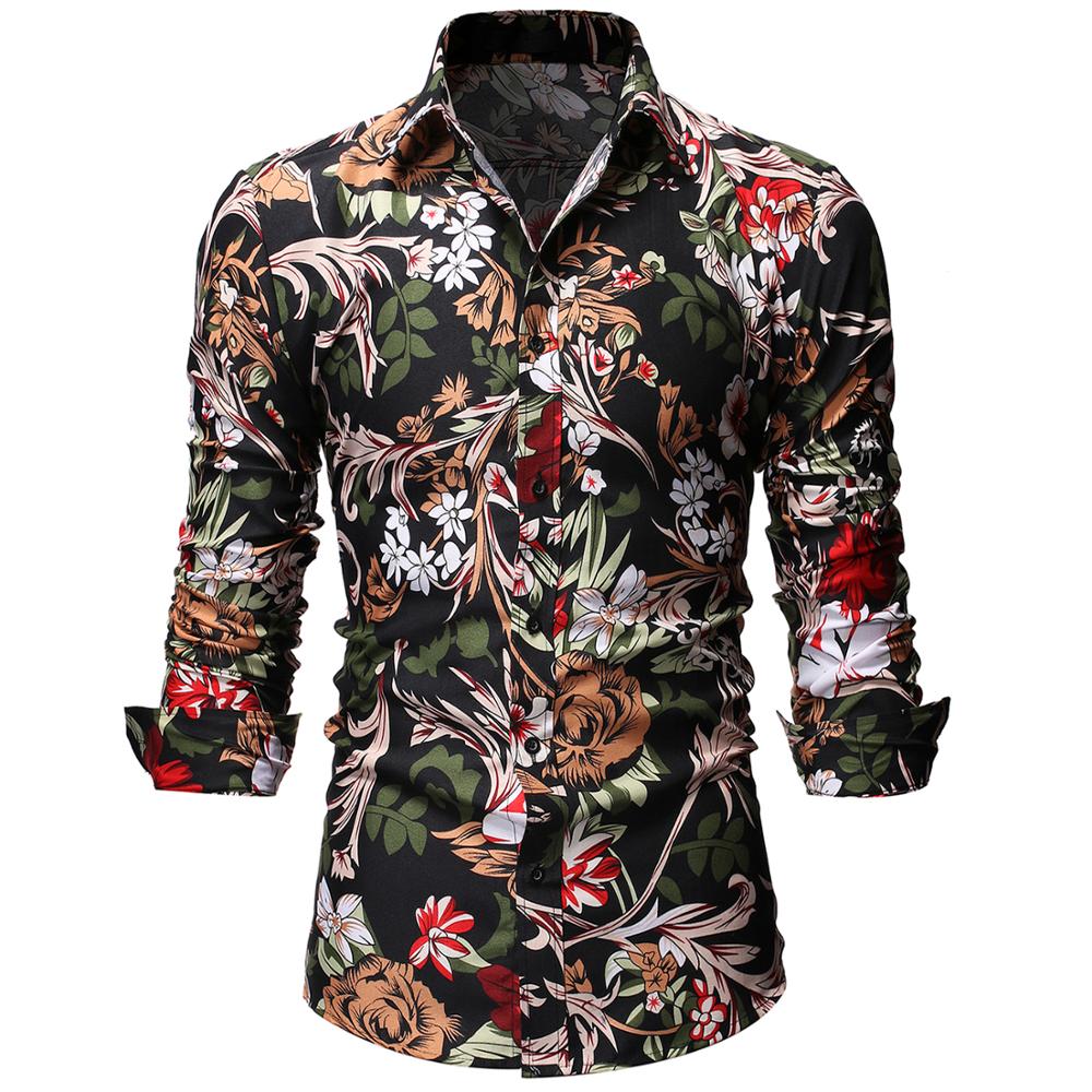 Men's Printed Shirts Male Slim Fit Long Sleeve Shirt Men Floral Print Casual Shirts Plus Size
