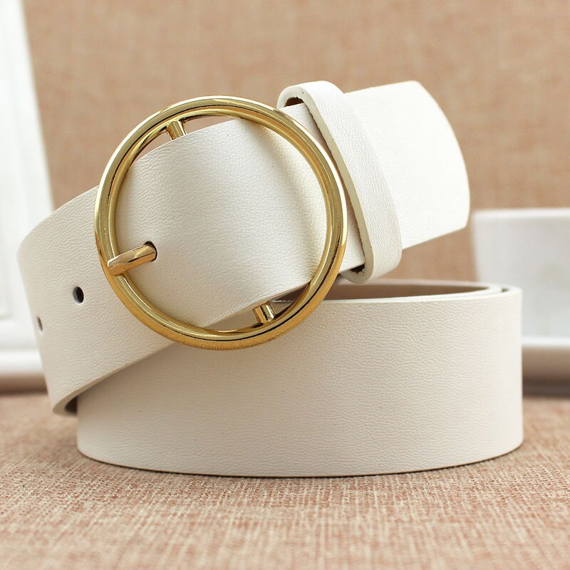 Mode Klassieke Ronde Gesp Dames Brede Riem Vrouwen Vrouwelijke Toevallige Lederen Riemen Voor Jeans Kemer f110: WHITE
