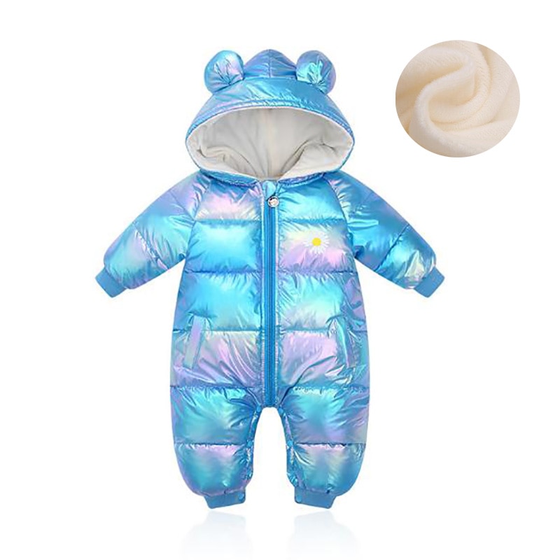 Infant Boys Warm Coat Newborn Plus Velvet Jumpsuits Girls Snowsuit Cartoon Hooded Shiny Waterproof Baby Winter Rompers