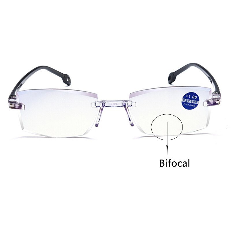 Rimless Bifocale Leesbril Mannen Vrouwen Anti Blauw Licht Verziend Glazen Dioptrie 150 250 TR90 Onbreekbaar: +150 / Bifocal