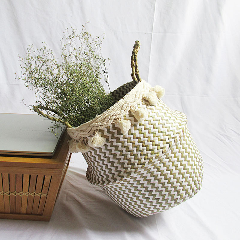 Cesta grande de mimbre plegable para almacenamiento de ropa, cestas decorativas con pompones, macetas de flores, organizador del hogar