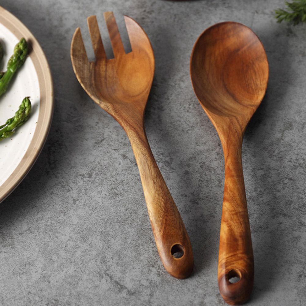Natürliche Küche Holz Löffel einstellen Große Salat Abendessen Portion Löffel Server Holz Gabel Löffel Besteck einstellen Holz Utensilien Geschirr