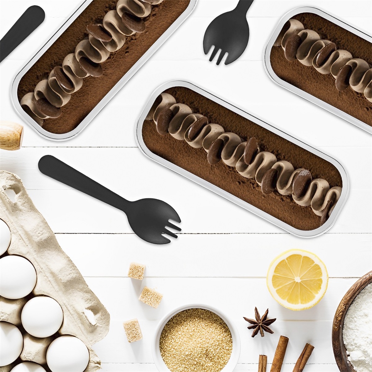 50 Stück Mini-Backformen mit Deckel und Löffel, 6,8 Unzen, rechteckige Backformen aus Aluminiumfolie, wiederverwendbare Mini-Brotbehälter, Muffin-Dosen