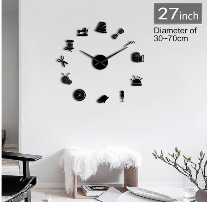 Horloge murale géante effet miroir, outils de couture, création de , décoration de chambre, 3D, horloge sans cadre: Black / 47 inch