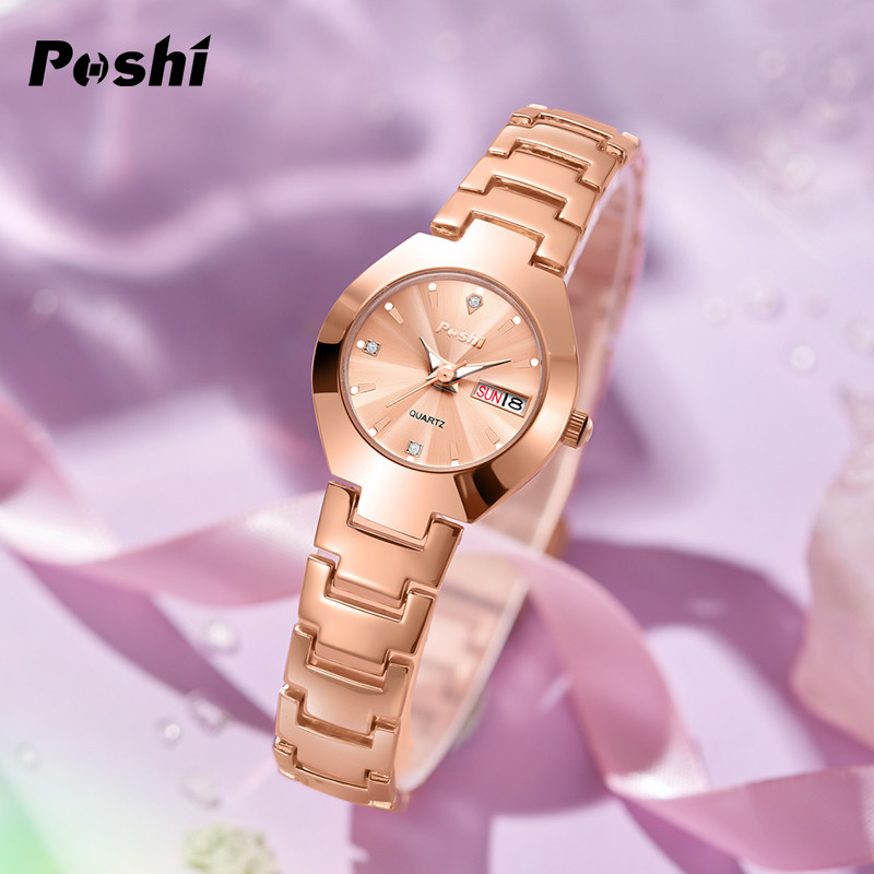 Swiss poshi women's watch, stainless steel, simple, waterproof, luminous with date, week, quartz watch, elegant bracelet as