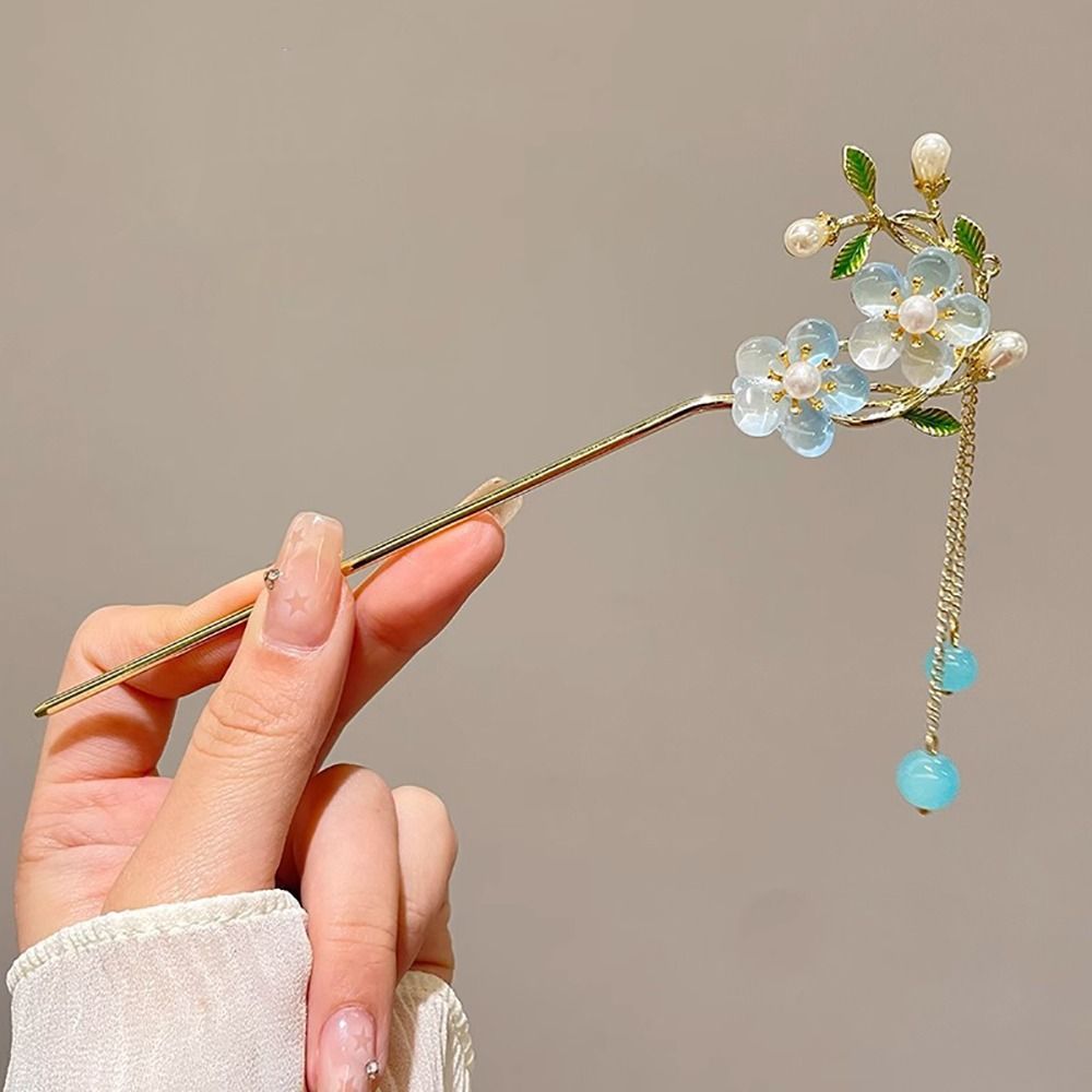 Horquilla china antigua para mujer, palo de pelo Hanfu de palacio con borlas, estilo chino, pinza para el pelo tradicional, 1 ud.: Verde