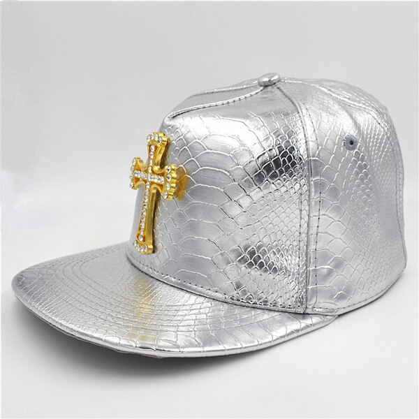 Bling krystal guld kors vedhæng kasketter hip hop dans hatte pu læder hat justerbar mænd kvinder: Sølv