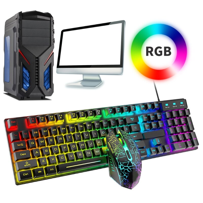 T6 Rainbow USB Wired Keyboard Mouse Pad Combo RGB Backlit Pro PC Gaming Keypad