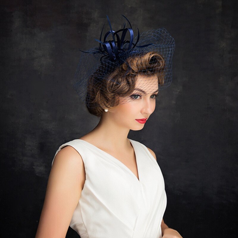 Navy Blue Wedding Hats Bridal Headpiece with Veil Handmade Birdcage for Evening Party