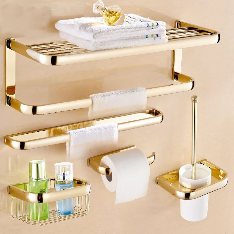 Luxe Goud Kleur Messing Vierkante Badkamer Accessoires Handdoek Plank Houder Toiletrolhouder Wall Mounted Bad Hardware Sets