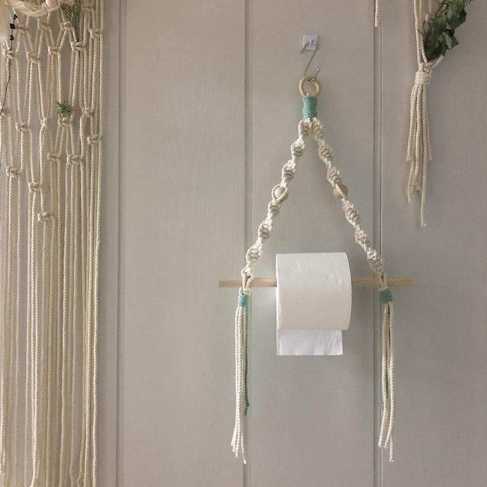 Boho Paper Towel Holder Multifunctional Wood Cotton Rope Towel Storage Rack Paper Towel Hanging for Kitchen Bathroom Wall Decor