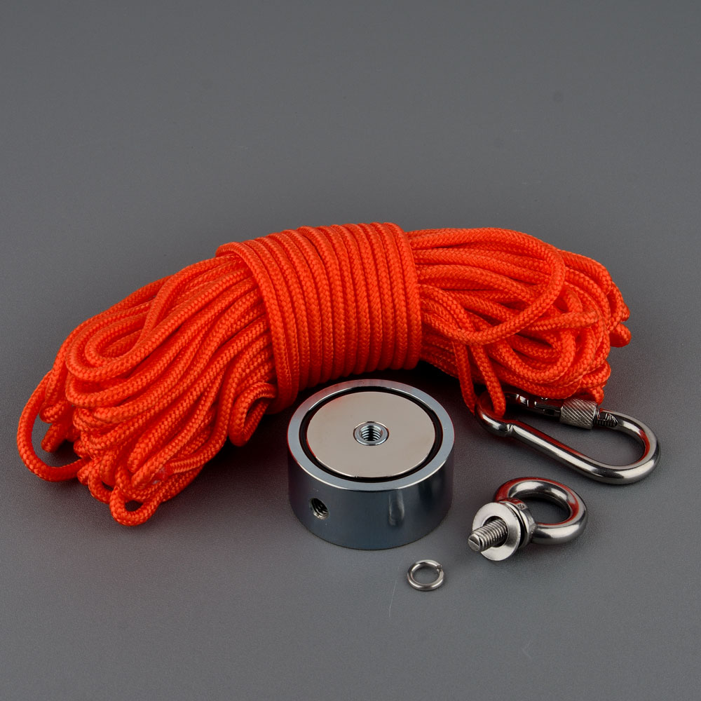 Doppelseitige 120Kg Magnet Power Neodym N52 Magnet Loch Recovery Magnete Magnetische Material Basis Angeln Magnet mit 20 m seil