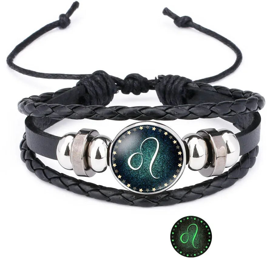 Pulsera luminosa de piedras preciosas artificiales de doce constelaciones; Pulsera tejida de 12 constelaciones de cuero PU con cuerda con cuentas: Color amarillo dorado claro
