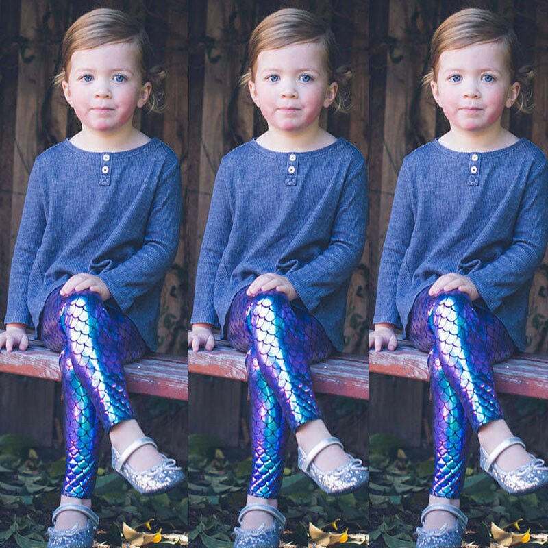 Kid Meisje Skinny Mermaid Shiny Vis Schaal Leggings Elastische Broek Potlood Broek