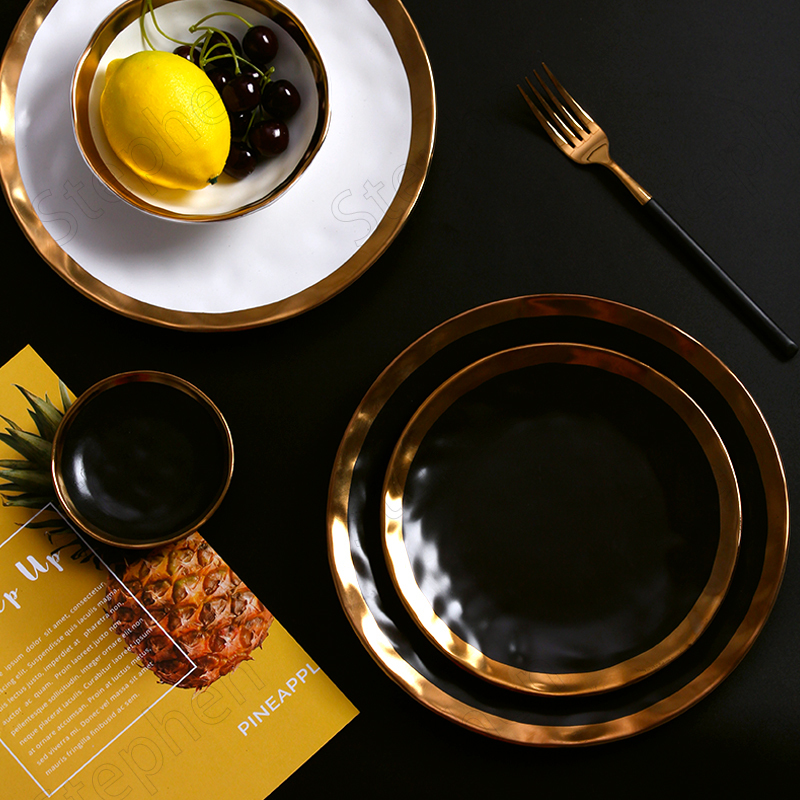 Assiette nordique en céramique à traçage doré mat, blanc et noir, bol à salade d&#39;œufs et de fruits, vaisselle de table, ensemble d&#39;assiettes en or