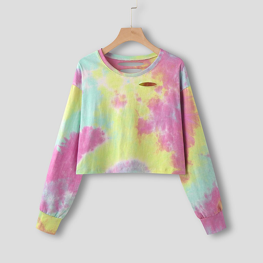 2020 delle donne Felpe Multicolor Casual Manica Lunga Felpata di Autunno delle Donne di Modo di sport esterno Tie-dye Con Cappuccio Camicetta # Z: M. / YELLOW