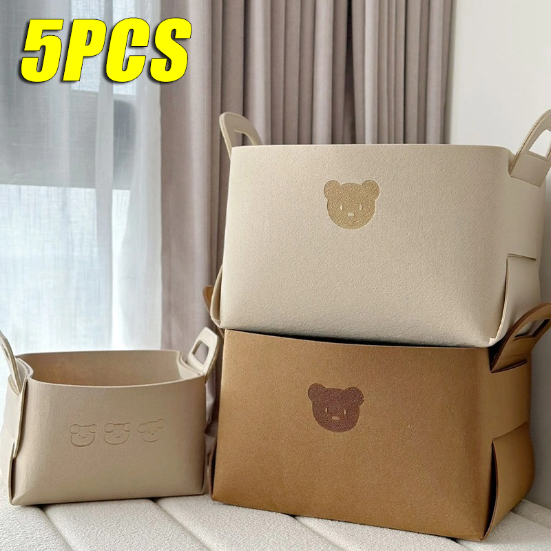 Cesta de almacenamiento de fieltro de oso de gran capacidad, 5 piezas, organizador de ropa plegable, aperitivos, juguetes, organizador de artículos diversos de escritorio