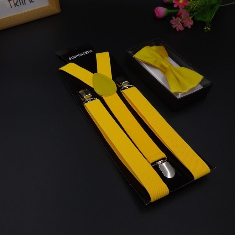 Effen Kleur Man Riem Bowtie Set Mannen Vrouwen Bretels Polyester Y-Back Bretels Twee Kleuren Strikje Verstelbare elastische: YELLOW