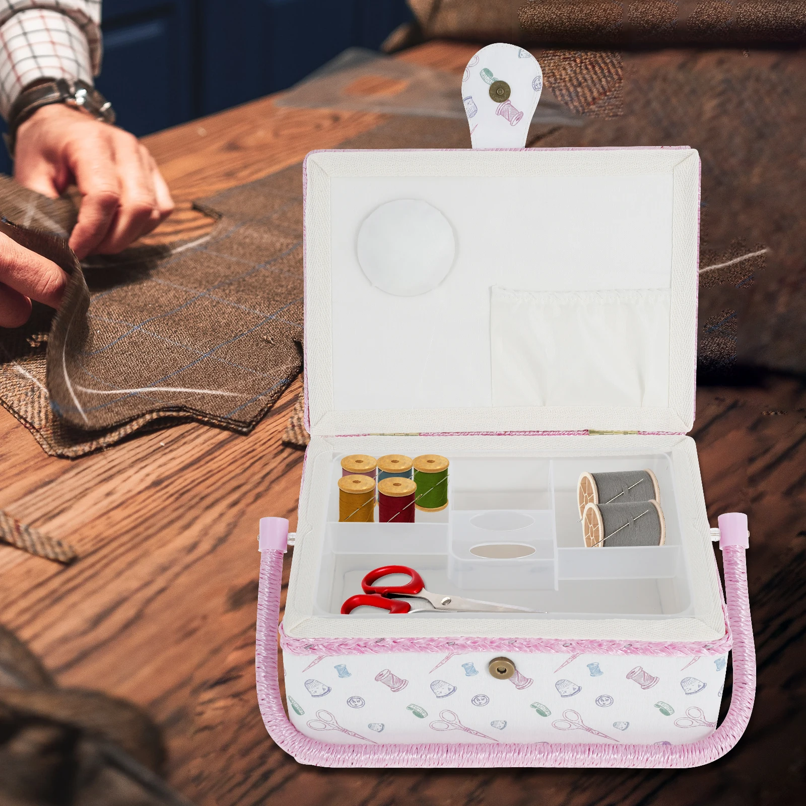 Sewing Basket with Removable Tray Practical Sewing Basket Organizer with Interior Pocket Portable Sewing Storage Box Stylish: Bronze