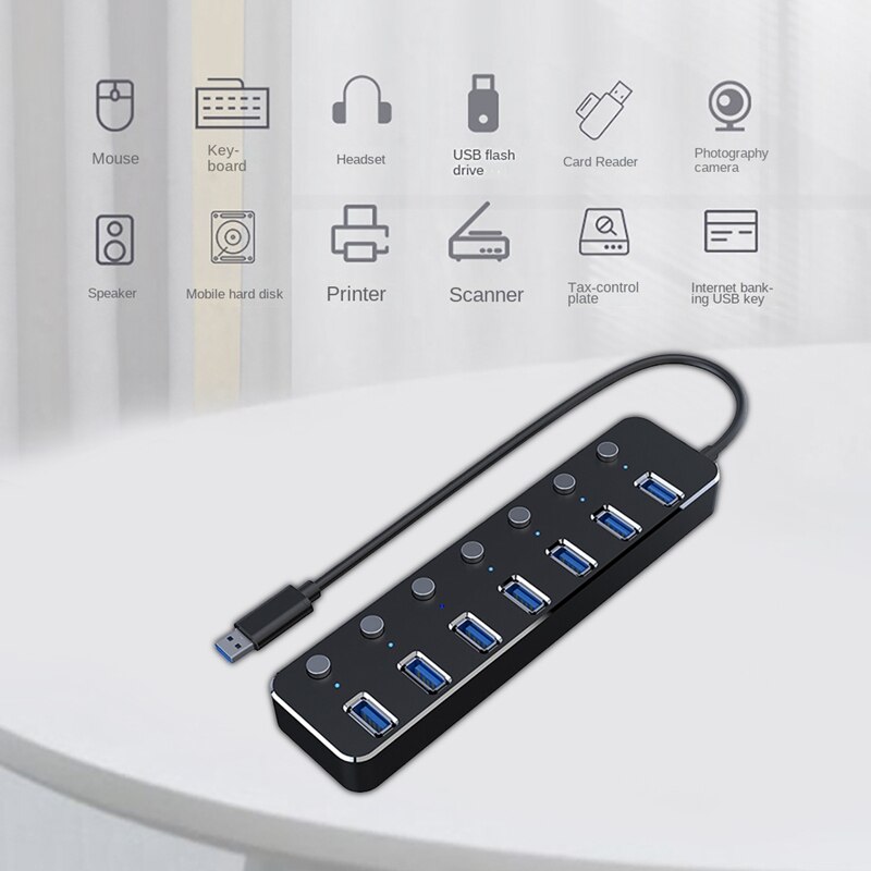 USB Hub 7 Ports USB 3.0 5Gbps Hub Splitter Extender with Independent Power Switch and LED for Laptop PC