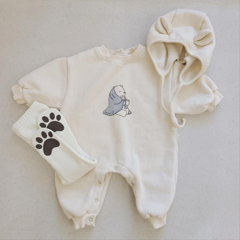 herbst Neue Baby-Karosserie Niedlichen Bären Druck Gesamt Für Kleinkind Mädchen Kleidung Kleinkind Langarm Onesie + Hütte