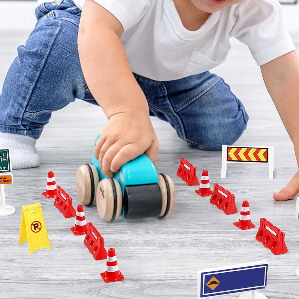 24pcs Road Signs for Kids Early Cognitive Training Mini Traffic Road Cones Fences Model Toy Set Traffic Sign Road Block Playset