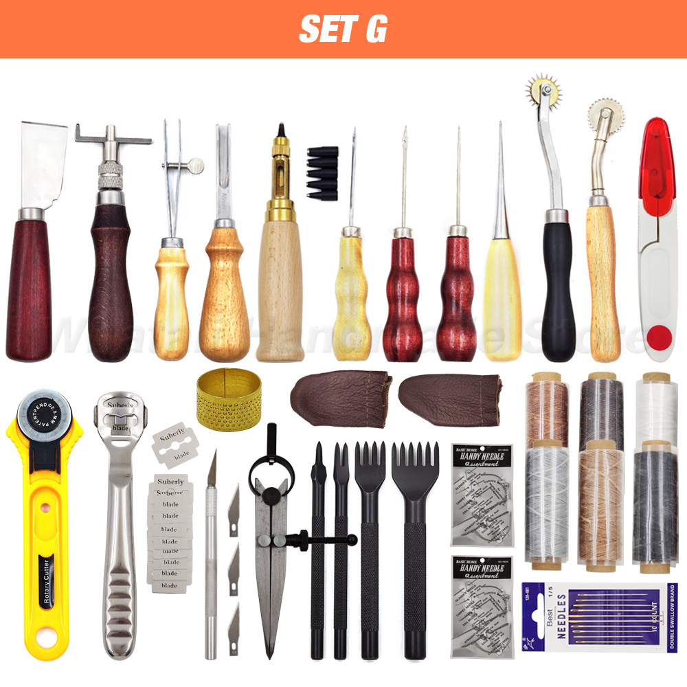 Leathercraft Tool Set Kits Pine Wood Hand Stitching Clamp Leather Punching Carving Saddle Groover Tools Storage Leathercraft DIY: SET G