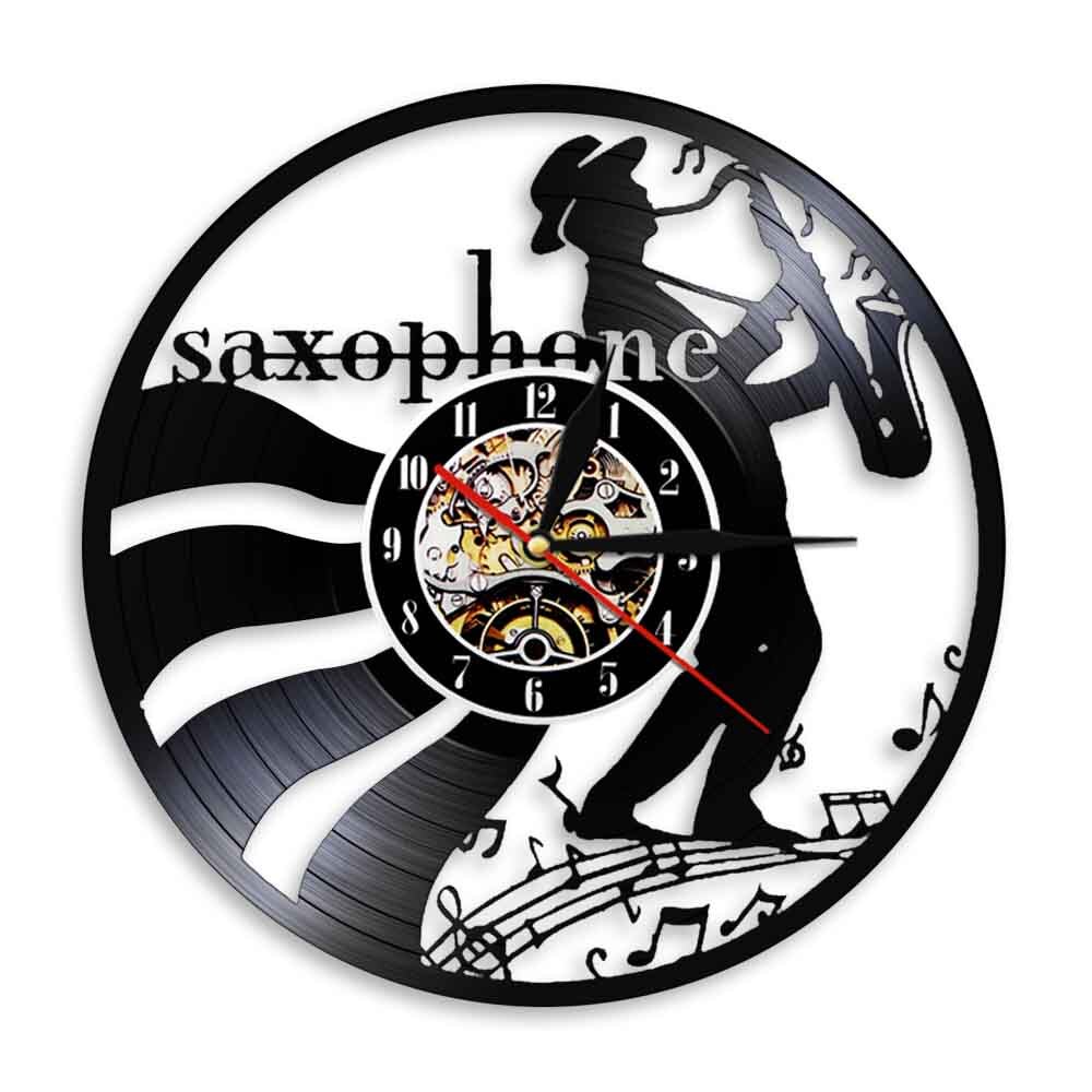 Jazz Saxofoon Vinyl Record Wandklok Muziekinstrument Led Wall Art Horloge Saxofonist Home Decor Sax Speler Muzikant: Without LED