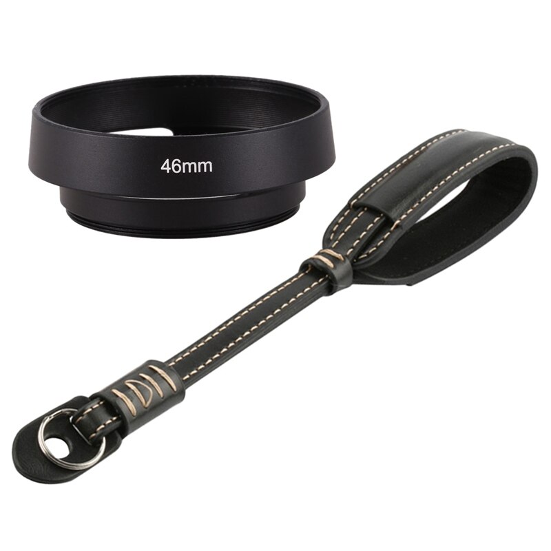 RISE-2 Pcs accessori per fotocamere: 1 pz paraluce in metallo nero 46mm e 1 pz cinturino per fotocamera cinturino in pelle Pu cinturino da polso impugnatura