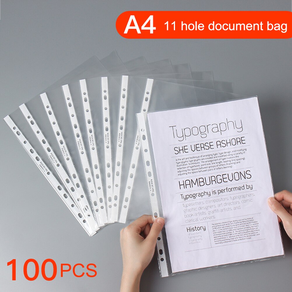 100 stk/sæt  a4 plastik hullommer mapper arkivering 11 huller løse blade dokumenter ark beskyttere gennemsigtig mappe taske: Default Title