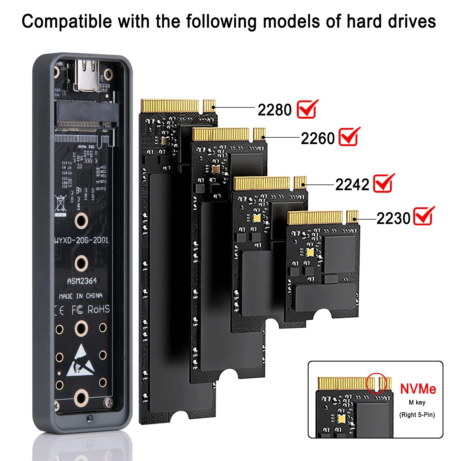 20Gbps M.2 NVME Enclosure USB 3.2 GEN 2X2 Type C NVME SSD Enclosure for 2230/2242/2260/2280 NVME SSD M/ B +M Key External Case B