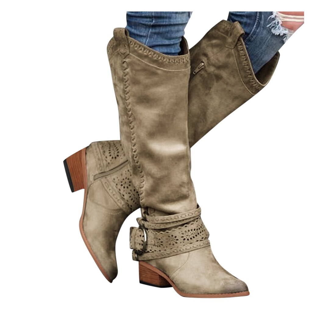 Vintage Women Western Boots Winter Pointed Toe Long Tube Knight Boot Female Knee-High High Heel Shoes Wide Calf Rome Botas