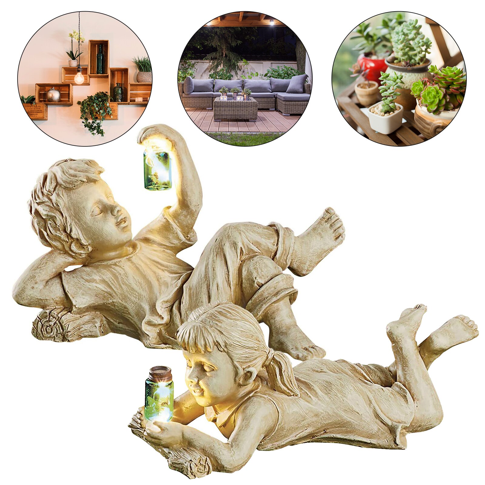Creatieve Tuin Kinderen Solar Verlichte Firefly Jar Jongen Meisje Standbeeld Yard Outdoor Sculptuur Decoratieve Standbeeld Tuin Accessoires