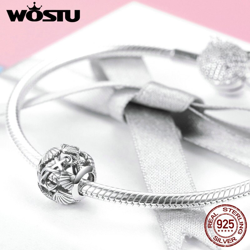 WOSTU Authentic 925 Sterling Silver Beach Shell Beads Fit Charm Bracelet Pendant Original Fresh Jewelry Accessories CQC995