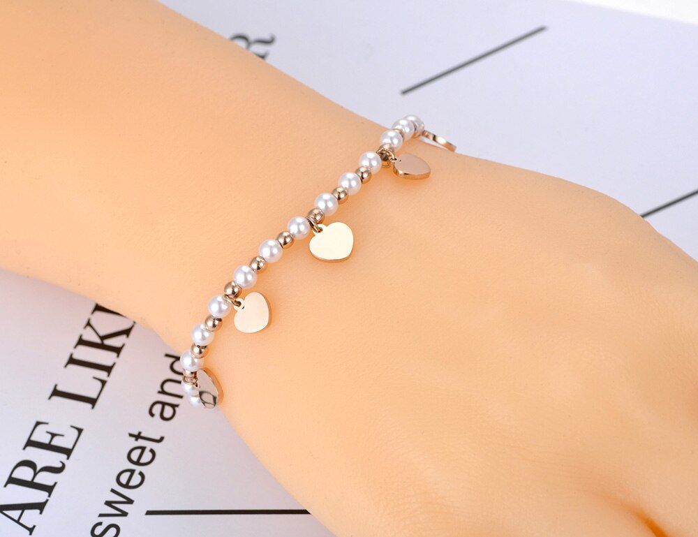 Lokaer Rvs Gesimuleerde Pearl Heart Charm Armbanden Voor Vrouwen Meisjes Bohemen Cz Crystal Chain & Link Armband B20092