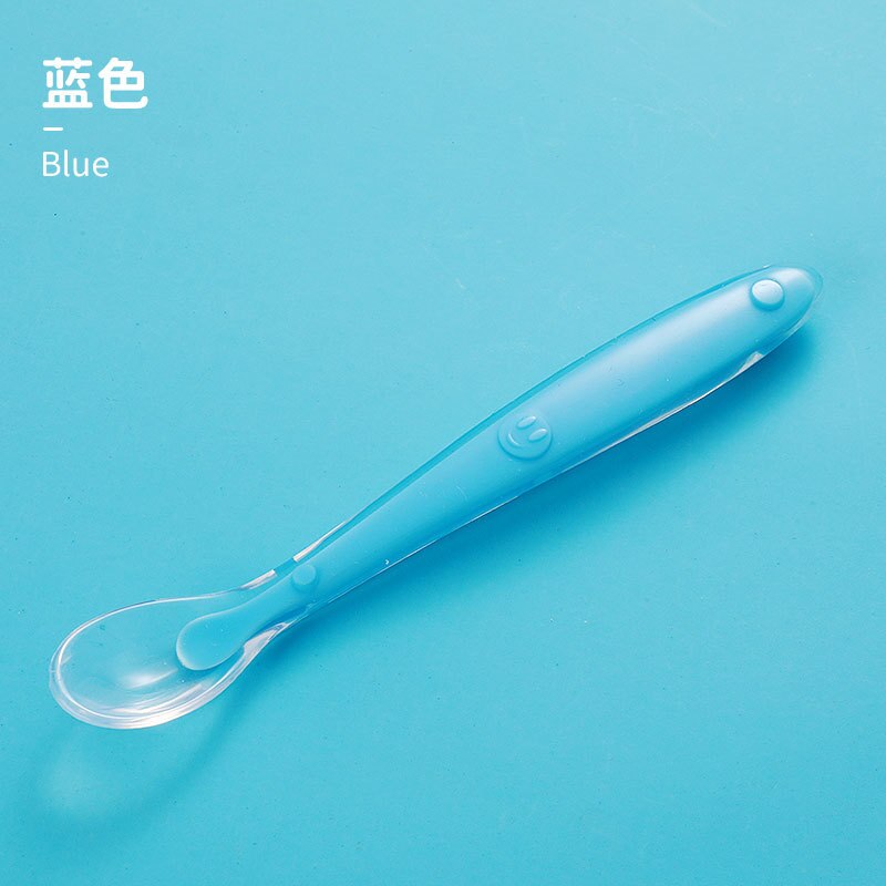 Baby Weiche Silikon Löffel Süssigkeit Farbe Temperatur spüren Löffel freundlicher Lebensmittel Baby Fütterung Werkzeuge für 4M-3Y: Blau