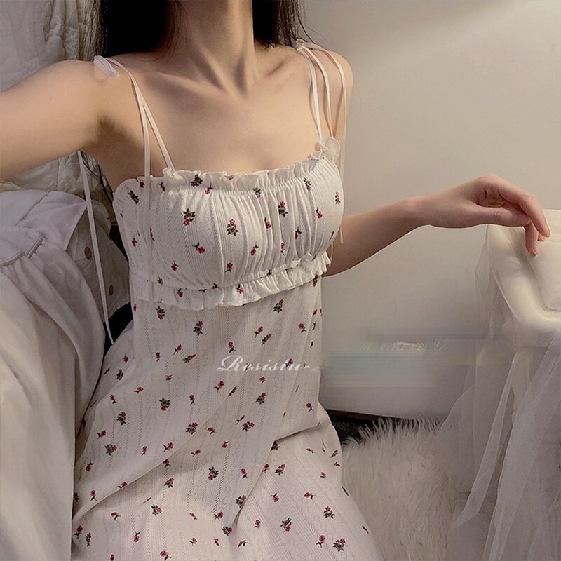 Nightgowns Women Spaghetti-strap Bow Print Stylish Sexy Home Korean Style Sweet Kawaii Summer Chic Prevalent Female Sleepshirts