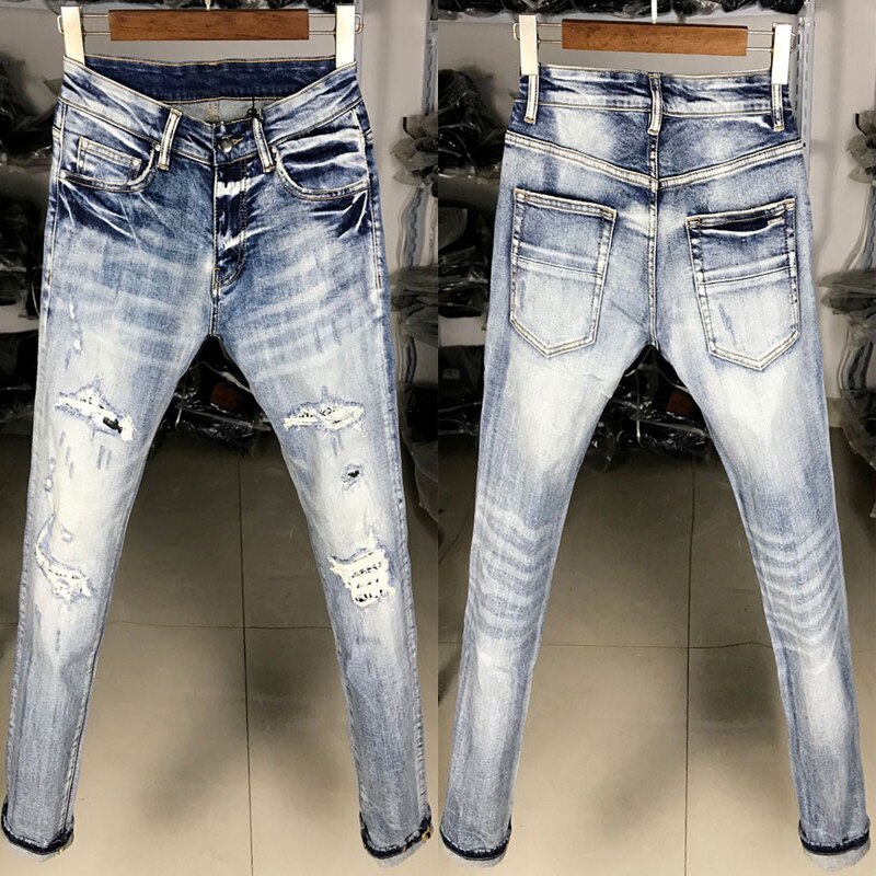 Street Style Mannen Jeans Retro Lichtblauw Elastische Slim Fit Ripped Jeans Mannen Patches Hip Hop Denim Punk broek: 32(Chinese Size)