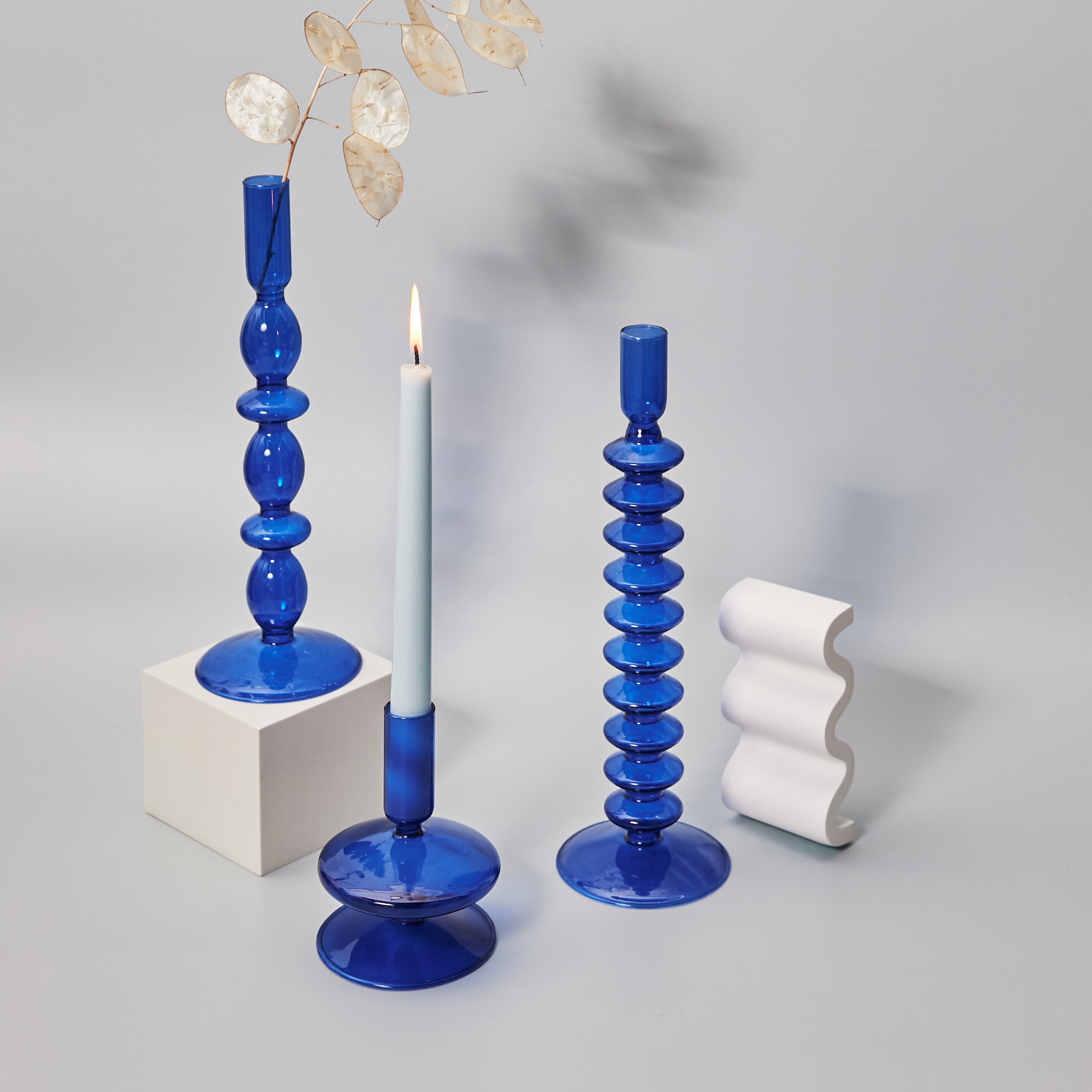 Blue Glass Candle Holder Candlesticks for Wedding Birthday Home Decoration Morden Decorative Glass
