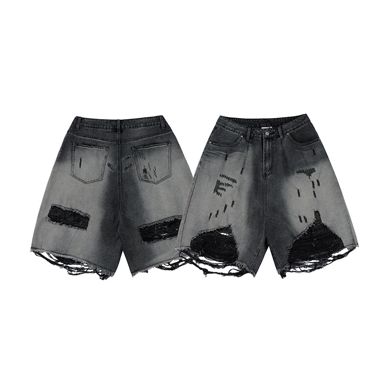 Black Washed Destroyed Denim Jeans Shorts Baggy Streetwear Swag Ripped Jeans for Men Hip Hop Distressed Biker Wide Jeans