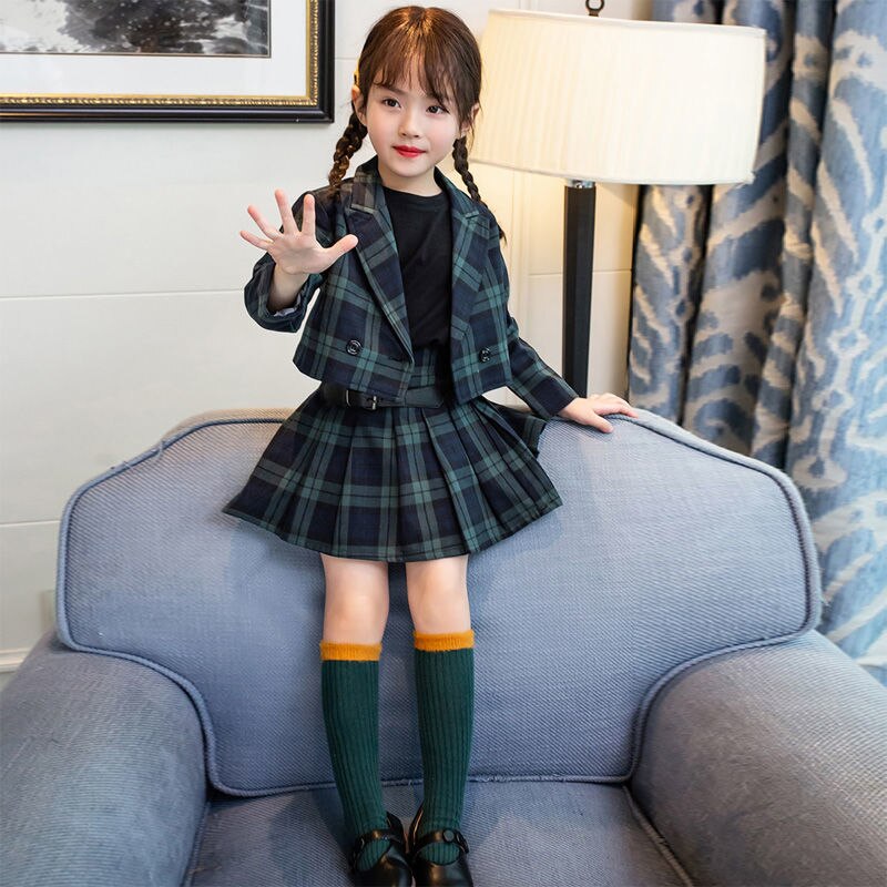 Meisjes Blazer Lente Autumnjackets Pak Kinderen Kids Blazer + Plooirok Schooluniform 2 Stuks Meisje Pak Effen Kleur Kleding set
