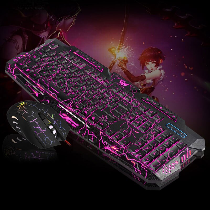 3-- color backlit wired gaming keyboard set, colorful glowing gaming mouse and keyboard