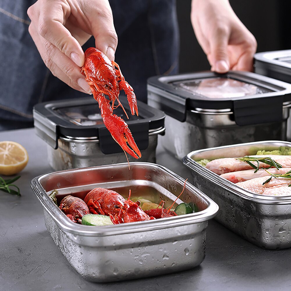 Refrigerator Food Container Set 304 Stainless Steel Meat Freezing Storage Containers with Lids Kitchen Keep Fresh Airtight