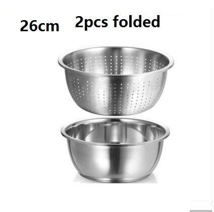 basin 2pcs set utensil Thick stainless steel pots drain washing strainer round deepen mixing bowl fruit vegetable washing bowl: 26cm