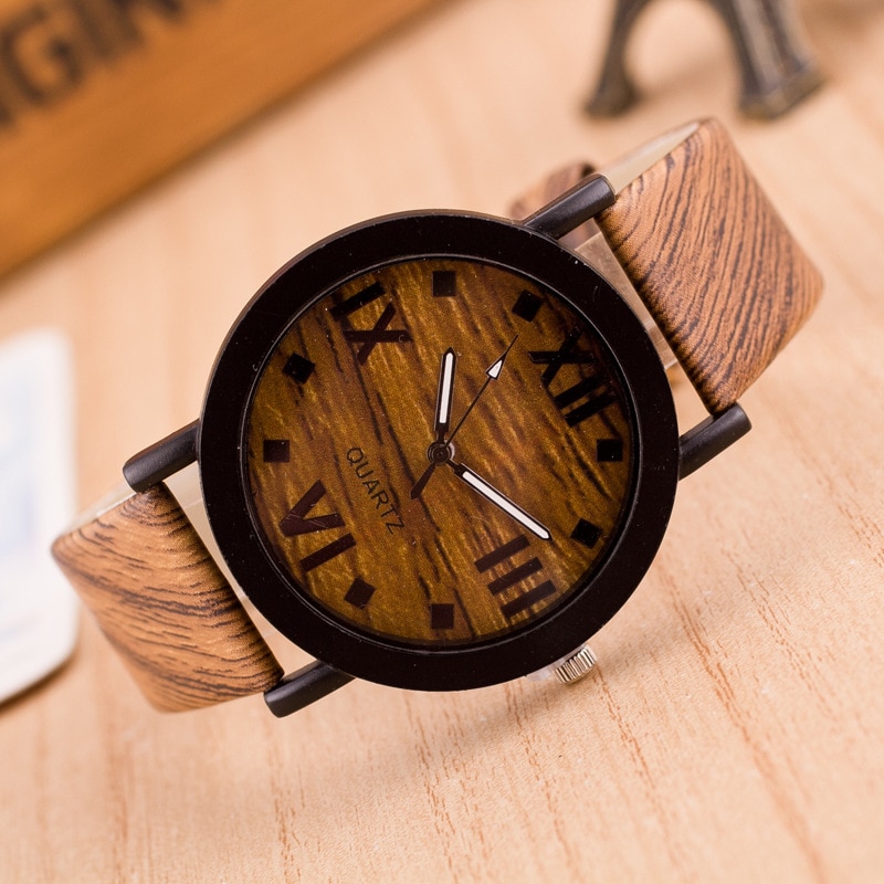 Træure luksus kvinder dameur romertal træ pu læderbånd analog kvarts vogue armbåndsure relogio masculino