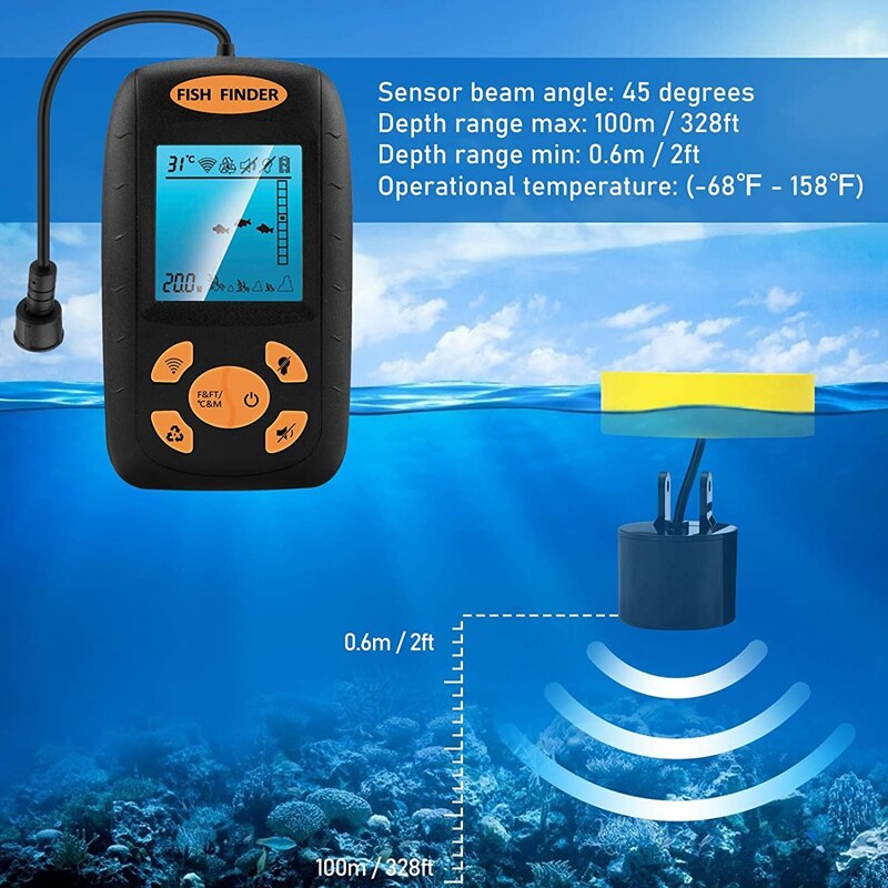 Fish Finder Portable Boat Depth Fishing Handheld Fish Finders Depth with Sonar Transducer and LCD Display