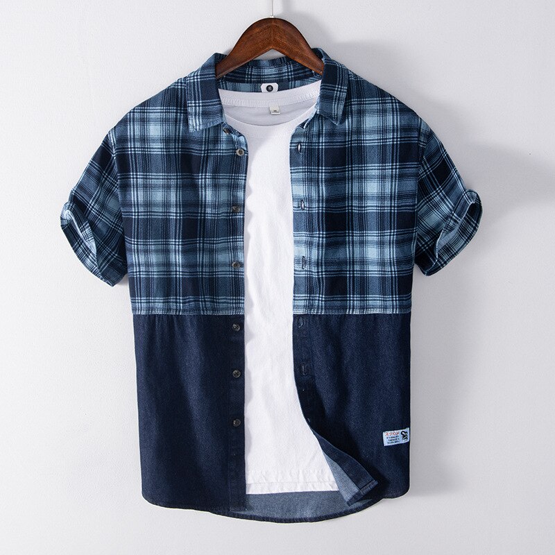 Summer Short Sleeve Blue Plaid Shirt Slim Fit Striped Patchwork Tops Loose Plus Size Cotton Linen Shirts