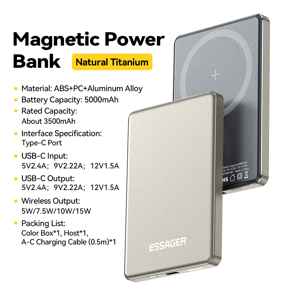 Essager Dunne Draadloze Power Bank Magnetische 20W 5000mAh Draagbare Snel Opladen Externe Batterij voor Magsafe Voor iPhone 16 15 14 13: WHITE