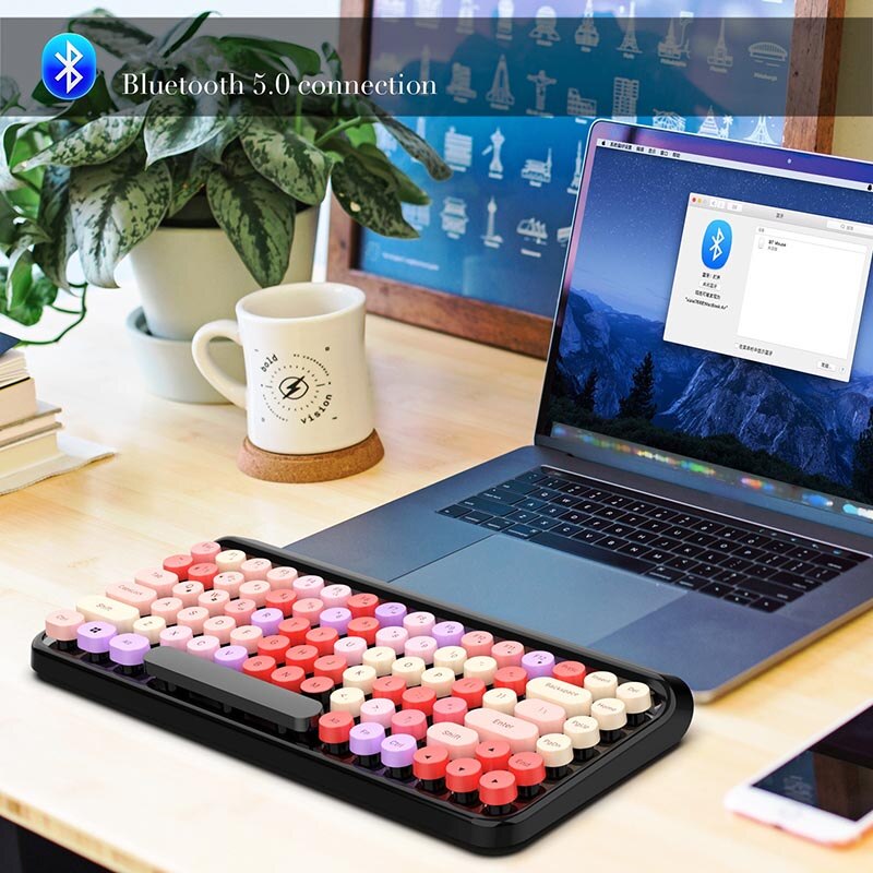 2.4G Wireless Bluetooth Keyboard Mouse Set Retro Round Keycap 3 Adjustable DPI Mouse For Smart Phone Tablets Lipstick Keyboard